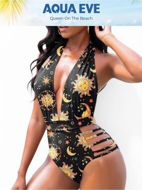 AQUA EVE CELESTIAL SUN MOON HALTER ONE PIECE SWIMSUIT CUTOUT STRAPPY BACK *NWT*